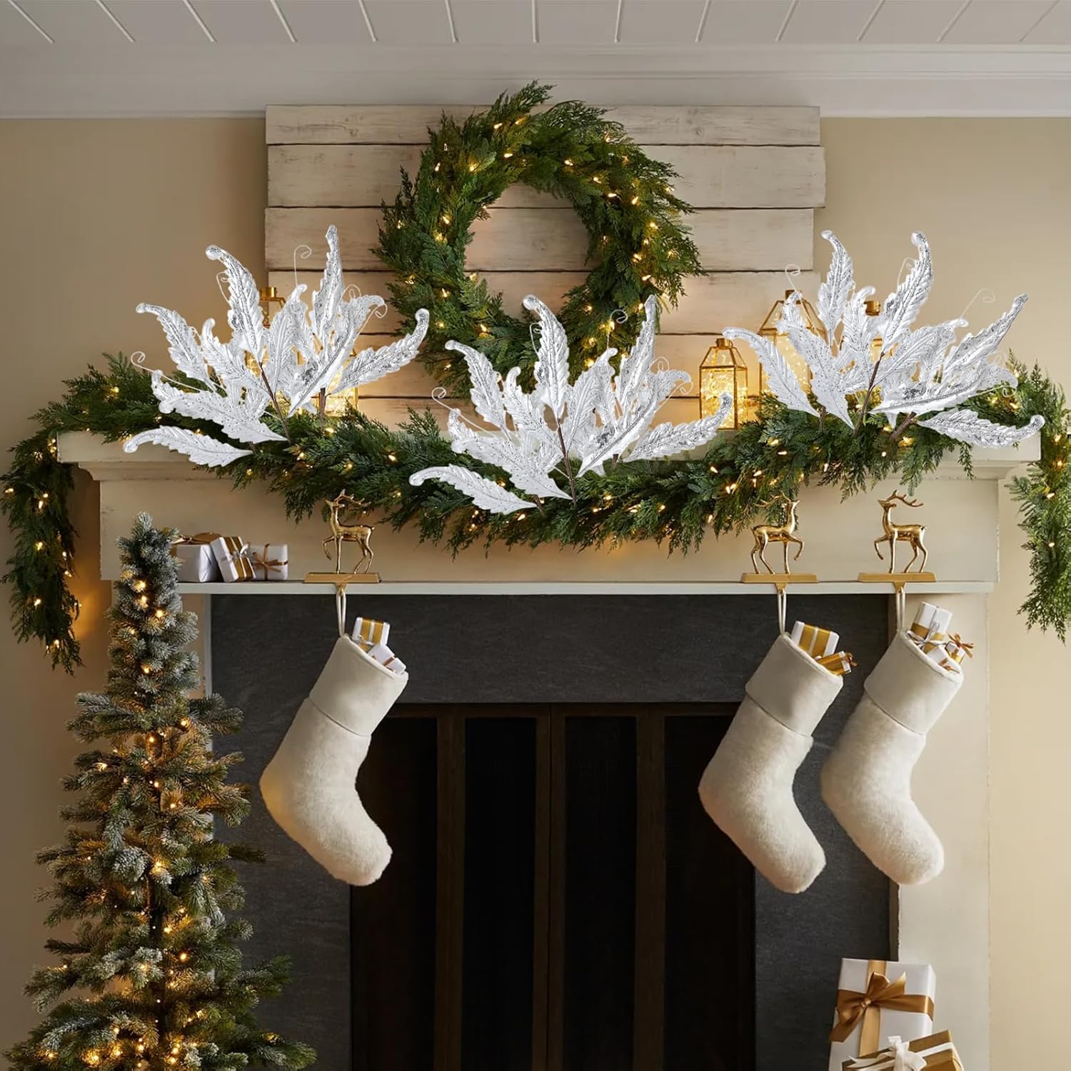 Christmas Artificial Leaves Set of 3 Sparkling 27 Inch Faux Decorative Foliage with Spray Stems Perfect for Holiday Home Decor Festive Party Decorations and Seasonal Celebrations(White)