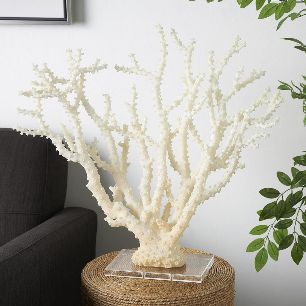 Deco 79 Polystone Coral Decorative Sculpture Home Decor Statue with Clear Acrylic Base, Accent Figurine 26" x 8" x 23", Cream