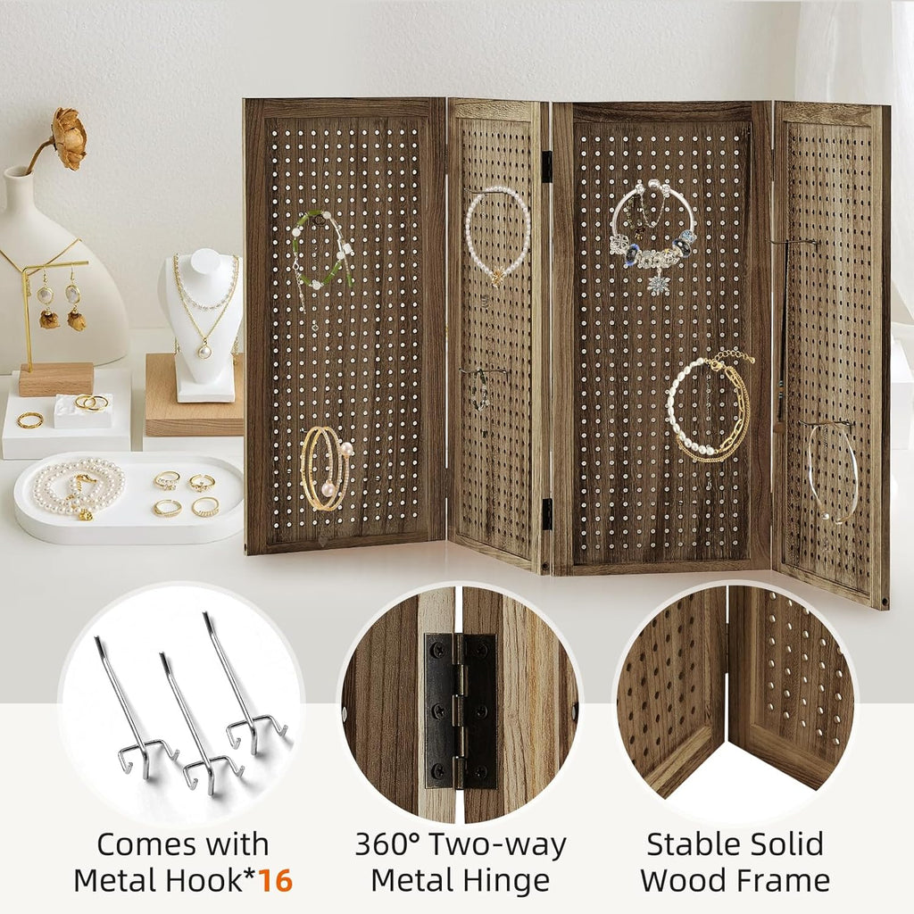 5.6Ft Wood PegBoard Room Divider 4 Panel Detachable Folding Privacy Screen Pegboard Display 33.5" 2in1 Standalone Portable Wall Divider Room Partition for Jewelry, Craft Show, Bedroom-Brown