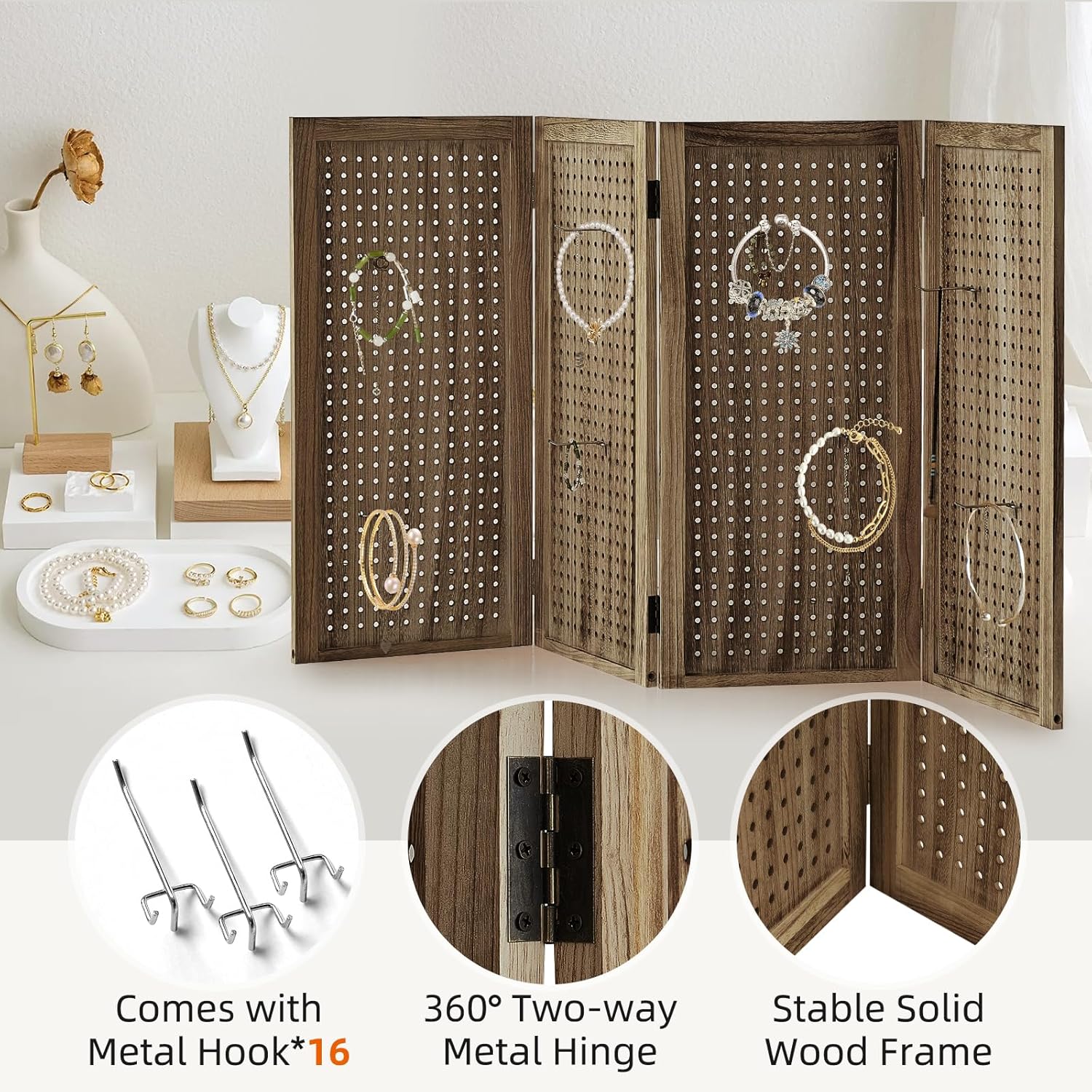 5.6Ft Wood PegBoard Room Divider 4 Panel Detachable Folding Privacy Screen Pegboard Display 33.5" 2in1 Standalone Portable Wall Divider Room Partition for Jewelry, Craft Show, Bedroom-Brown