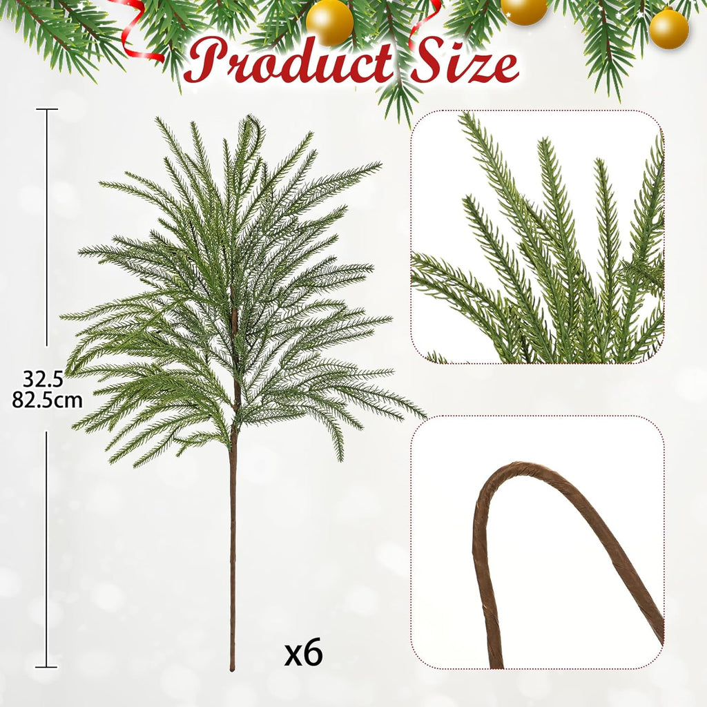 Briful Artificial Norfolk Pine Stems for Christmas Decor, 32.5’’ Faux Greenery Branch, Realistic Holiday Cedar Pine Picks for Vase, Garland, Mantel, DIY Floral Arrangement, Set of 6