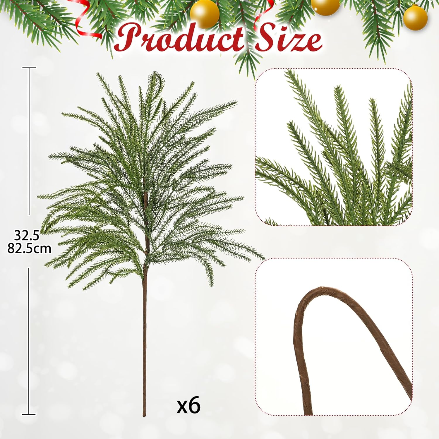 Briful Artificial Norfolk Pine Stems for Christmas Decor, 32.5’’ Faux Greenery Branch, Realistic Holiday Cedar Pine Picks for Vase, Garland, Mantel, DIY Floral Arrangement, Set of 6