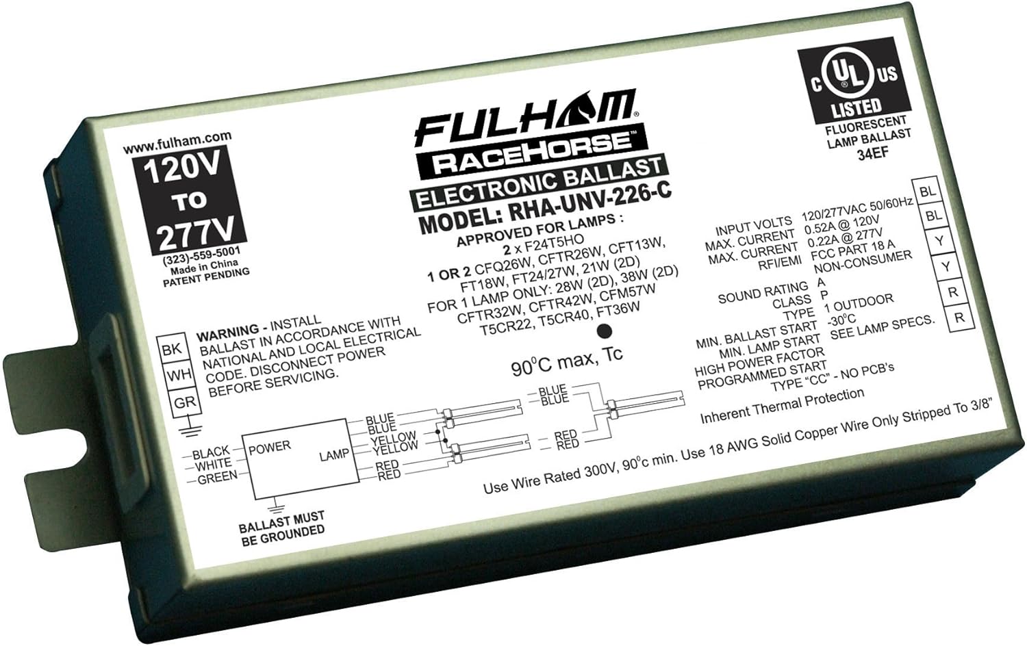 Fulham Lighting Fulham Racehorse CFL Ballast, RHA-UNV-226-C , White