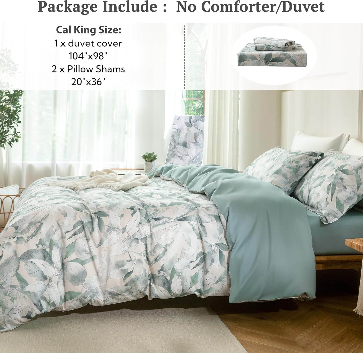MILDLY Cal King Size Duvet Cover Set 100% Long-Staple Cotton Luxury Sage Green Leaves Patten Reversible Comforter Cover Set 3Pcs
