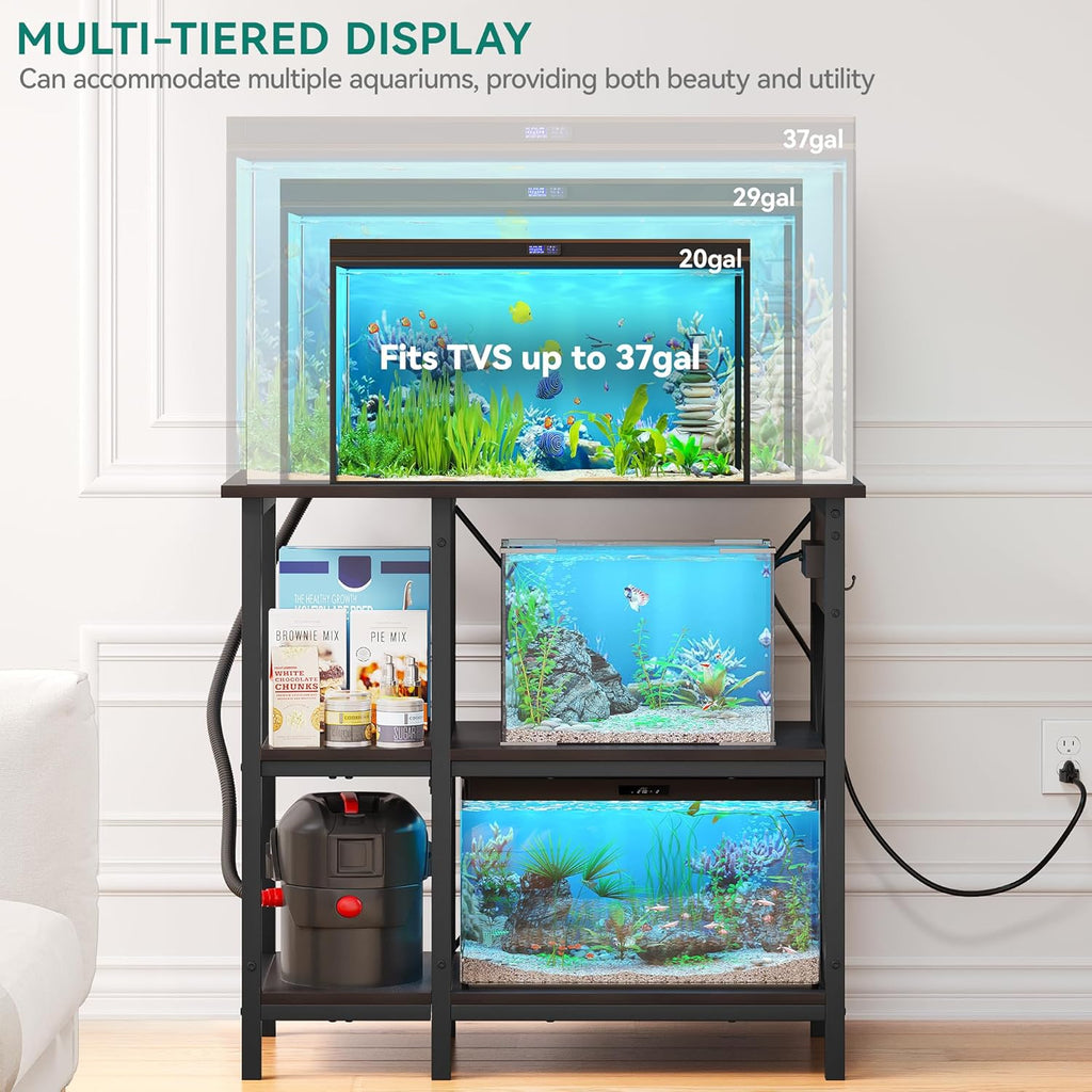YITAHOME 10-29-37 Gallon Fish Tank Stand with Power Outlet, 30x16 Inch Metal Aquarium Stand with 3-Tier Adjustable Storage Shelves and Hooks, 450LBS Capacity,Black