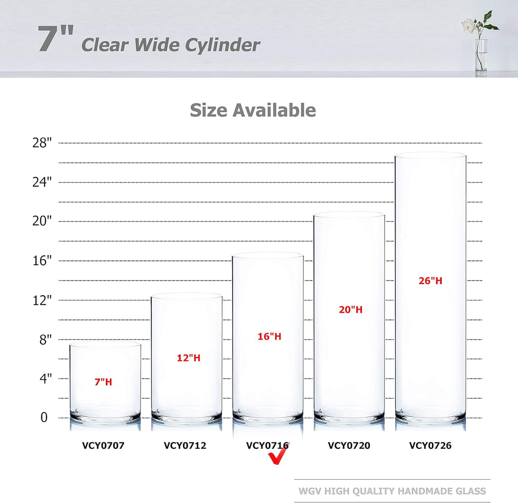 WGV Cylinder Vase Bulk, Width 7", Height 16", Clear Wide Large Diameter Flower Glassware, Floral Container, Planter Terrarium for Wedding Party Event, Home Accent Decor, 4 Pieces