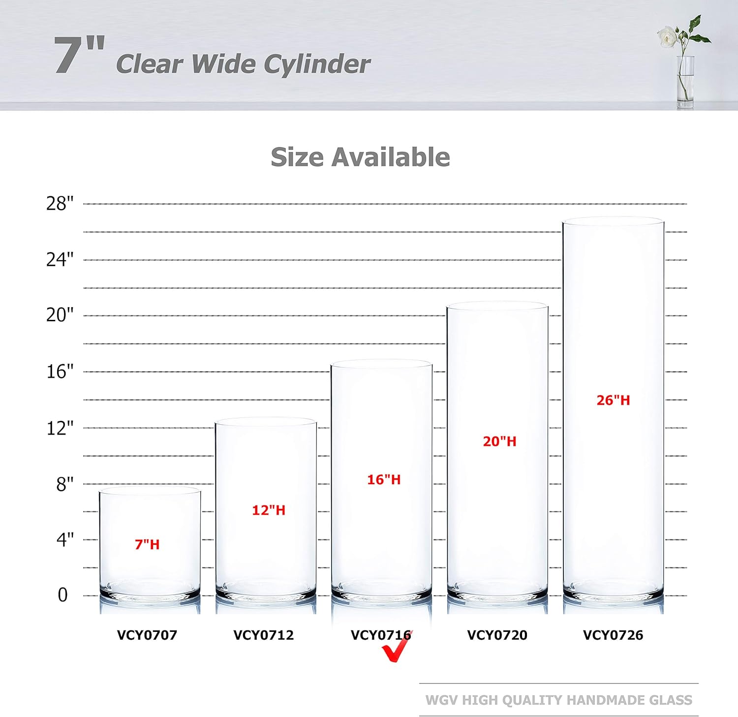 WGV Cylinder Vase, Width 7", Height 16", Clear Wide Large Diameter Flower Glassware, Floral Container, Planter Terrarium for Wedding Party Event, Home Accent Decor, 1 Piece
