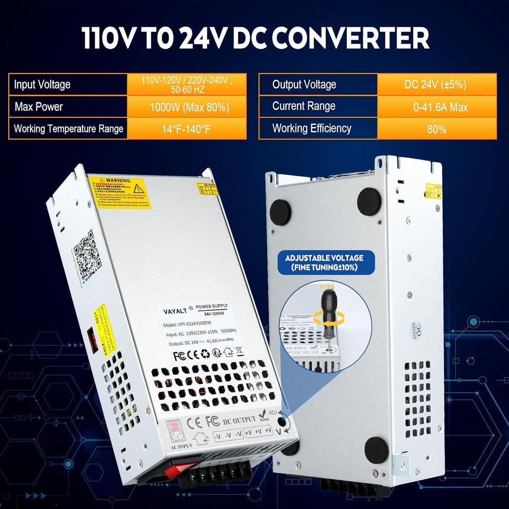 VAYALT DC 24V 41.6A 1000W Switching Power Supply, 110V/220V AC to DC Converter, Universal Regulated Switching, 24V Power Supply for CCTV Camera System, 3D Printer, LED Strip, Computer Project