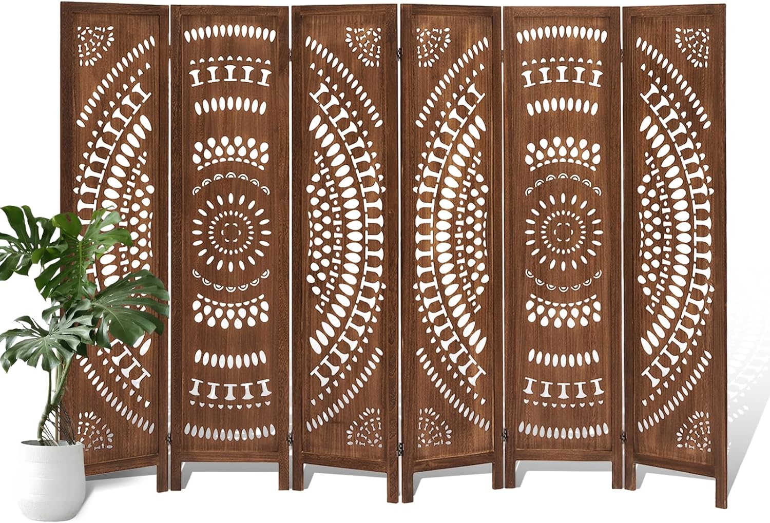 6 Panel Wood Room Divider Fully Assembled, Decorative Room Dividers and Folding Screens, 5.6Ft Room Divider Screen Freestanding Partition Wall Dividers for Home Bedroom Office, Dark Brown