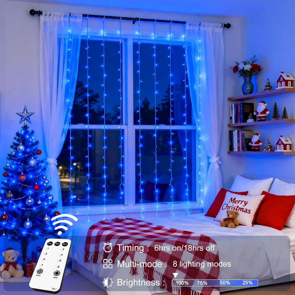 JMEXSUSS 300LED Christmas Curtain Lights, Blue Christmas Lights with Remote, Blue String Lights for Bedroom Wall Window Backdrop Garden Indoor Outdoor Patio Yard Porch Decorations, 9.8x9.8ft