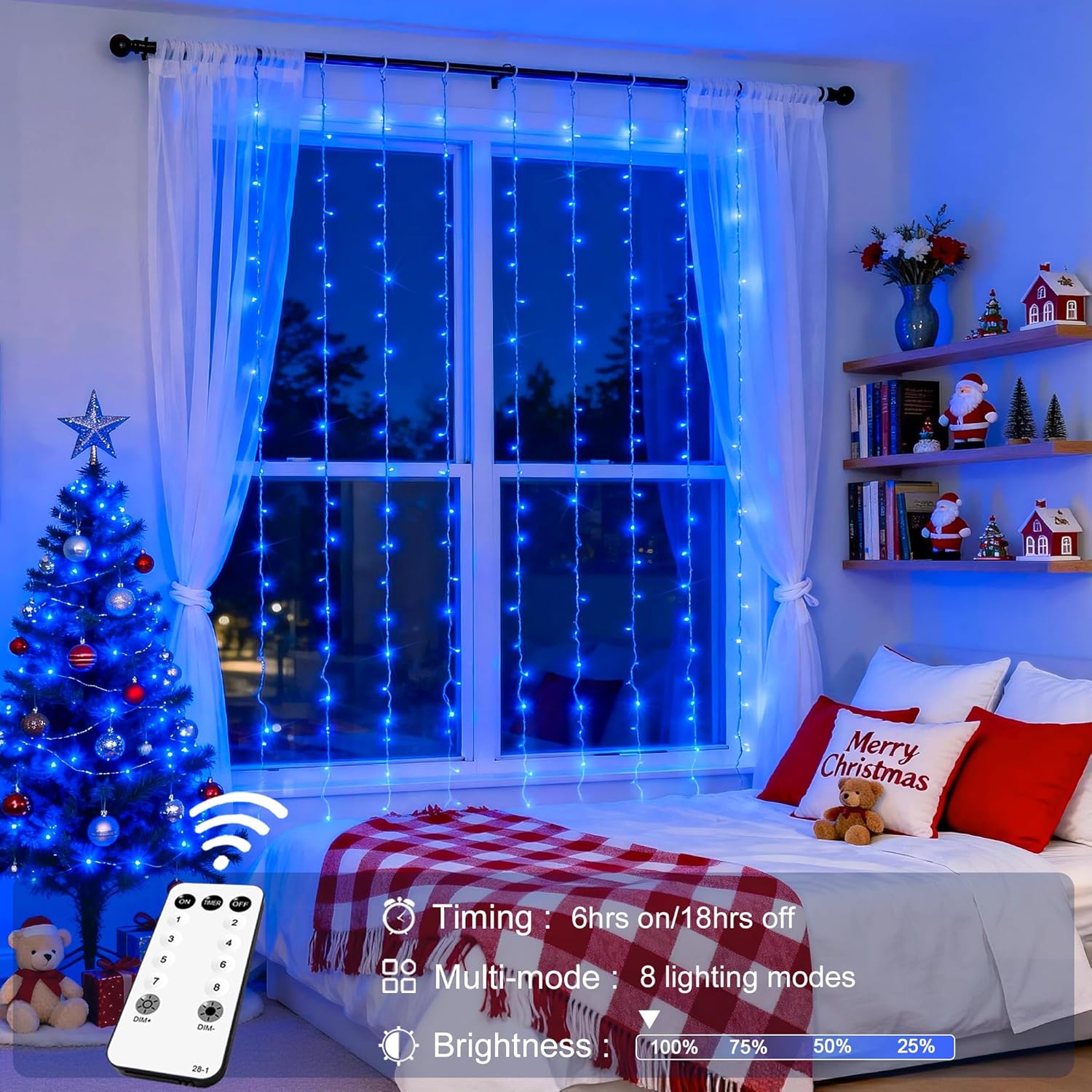 JMEXSUSS 300LED Christmas Curtain Lights, Blue Christmas Lights with Remote, Blue String Lights for Bedroom Wall Window Backdrop Garden Indoor Outdoor Patio Yard Porch Decorations, 9.8x9.8ft