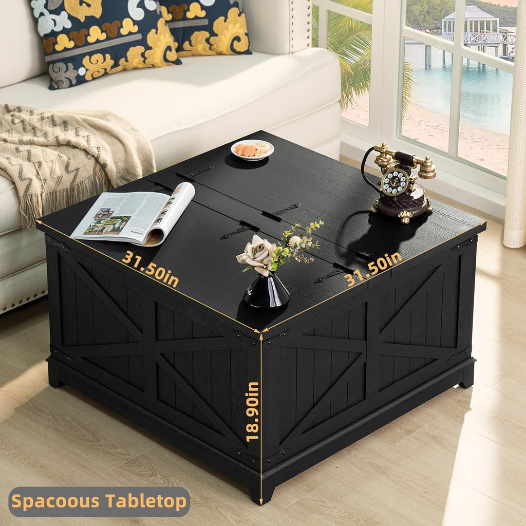 Farmhouse Coffee Table with Hidden Storage Organizer, Black Square Large Center Table, Wood Farm House Low Modern Living Room Tables with Hinged Lift Top for Home, Office