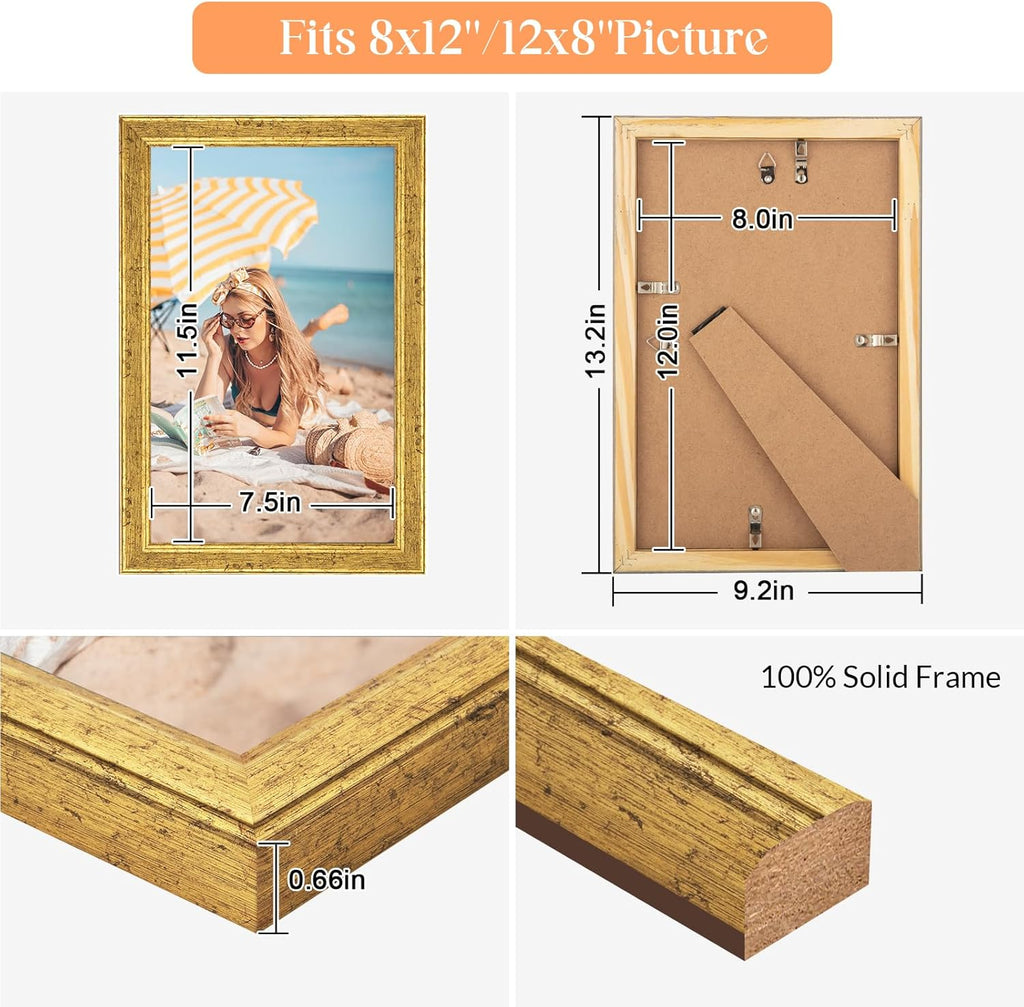 Wood 8x12 Frame Gold, Ornate Natural Wooden 12x8in Picture Frames, Modern Golden 8 x 12inch Gallery Photo Pic Frame with HD Plexiglass, Horizontal Vertical Wall Mounting Tabletop Display 1Pcs