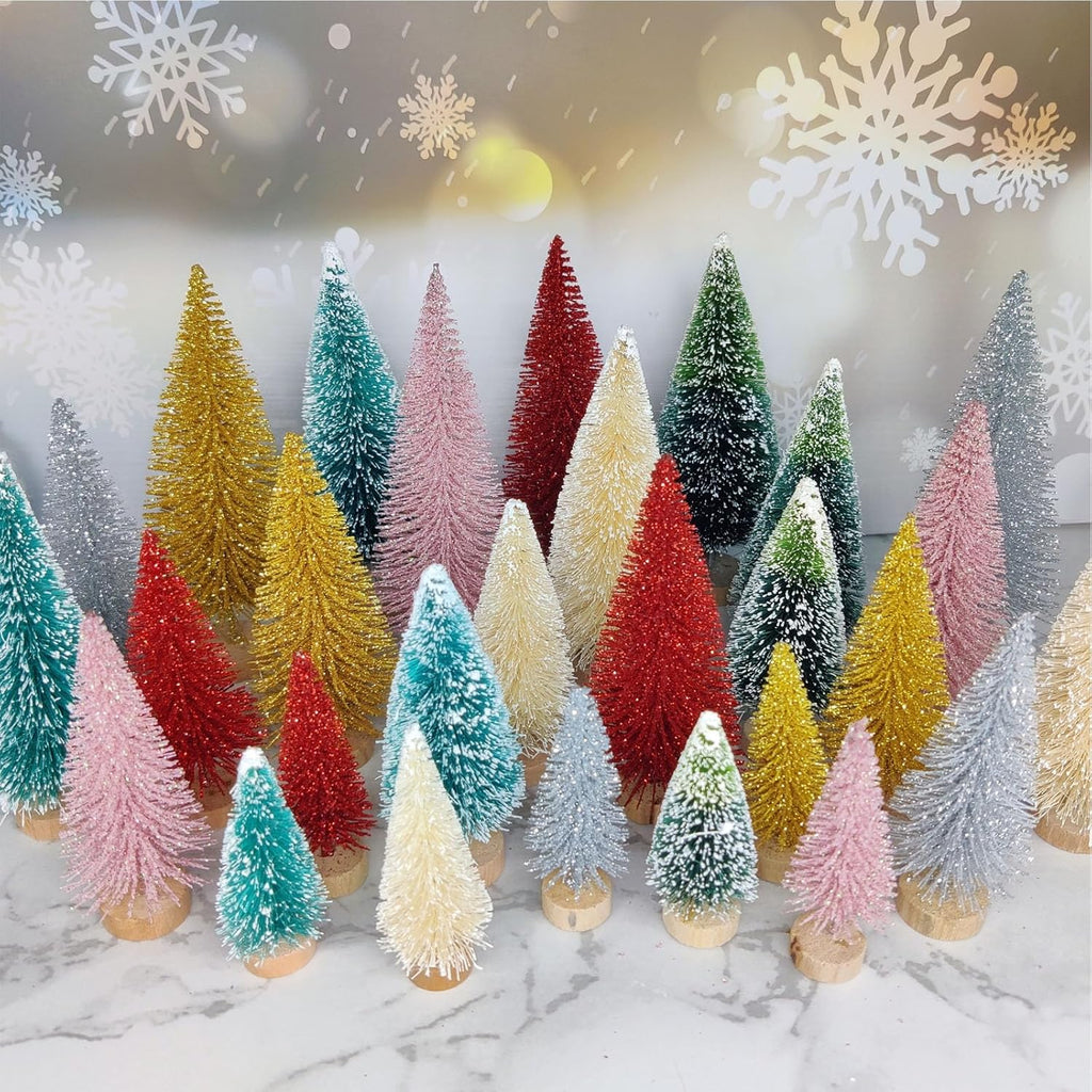 8 Pcs Artificial Mini Christmas Trees, Miniature Pine Trees Sisal Trees with Wood Base Tabletop Christmas Tree for Christmas Xmas Holiday New Year (Sliver, 8 pcs)