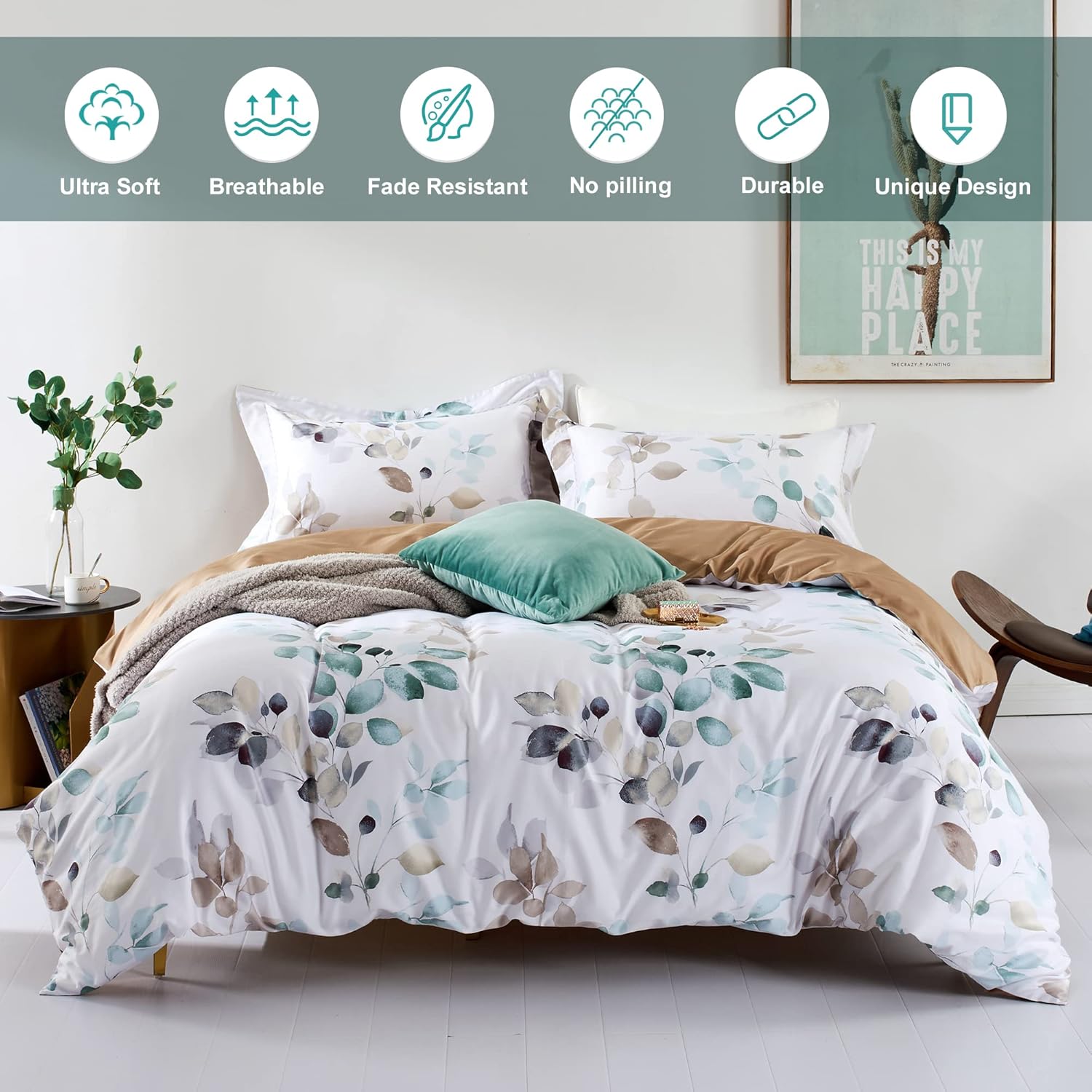 MILDLY 100% Long-Staple Cotton Duvet Cover Set Teal Blue Green Leaf Pattern Printed Comforter Cover 2pcs, Ultra Soft & Breathable Bedding Set