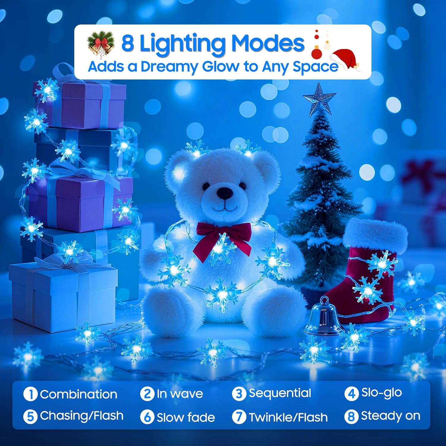 Blue Christmas Lights, Snowflake String Lights, 20FT 40 LED Mini Twinkle Lights Indoor, Rechargeable Fairy Lights Battery Operated with 8 Modes & Timer for Bedroom Party Home Xmas Tree Decorations