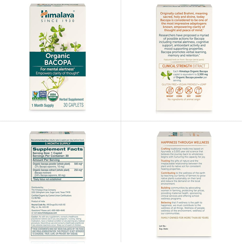 Himalaya Bacopa Monnieri Nootropic Herbal Supplement, Mental Alertness, Supports Calm, Memory, Cognition, USDA Organic, Non-GMO, 750 mg, 60 Plant-Based Caplets, 2 Pack, 120 Day Supply