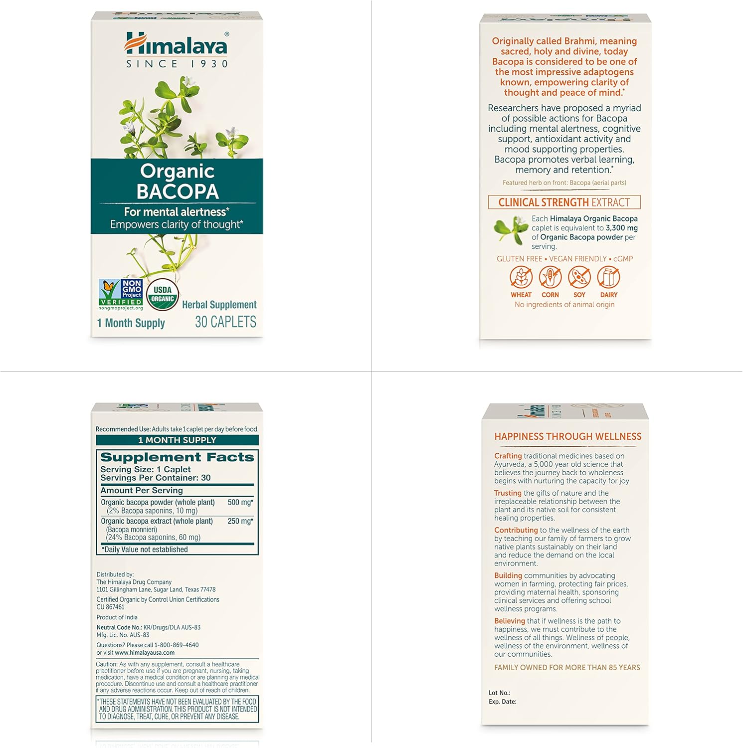 Himalaya Bacopa Monnieri Nootropic Herbal Supplement, Mental Alertness, Supports Calm, Memory, Cognition, USDA Organic, Non-GMO, 750 mg, 60 Plant-Based Caplets, 2 Pack, 120 Day Supply