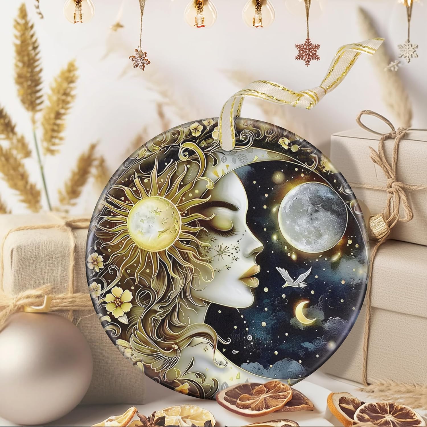 3.5" Ceramic Christmas Ornaments, Christmas Tree Ornaments, Heirloom Keepsake, Gift Exchange, Gift Idea, Bauble Present - Sun and Moon