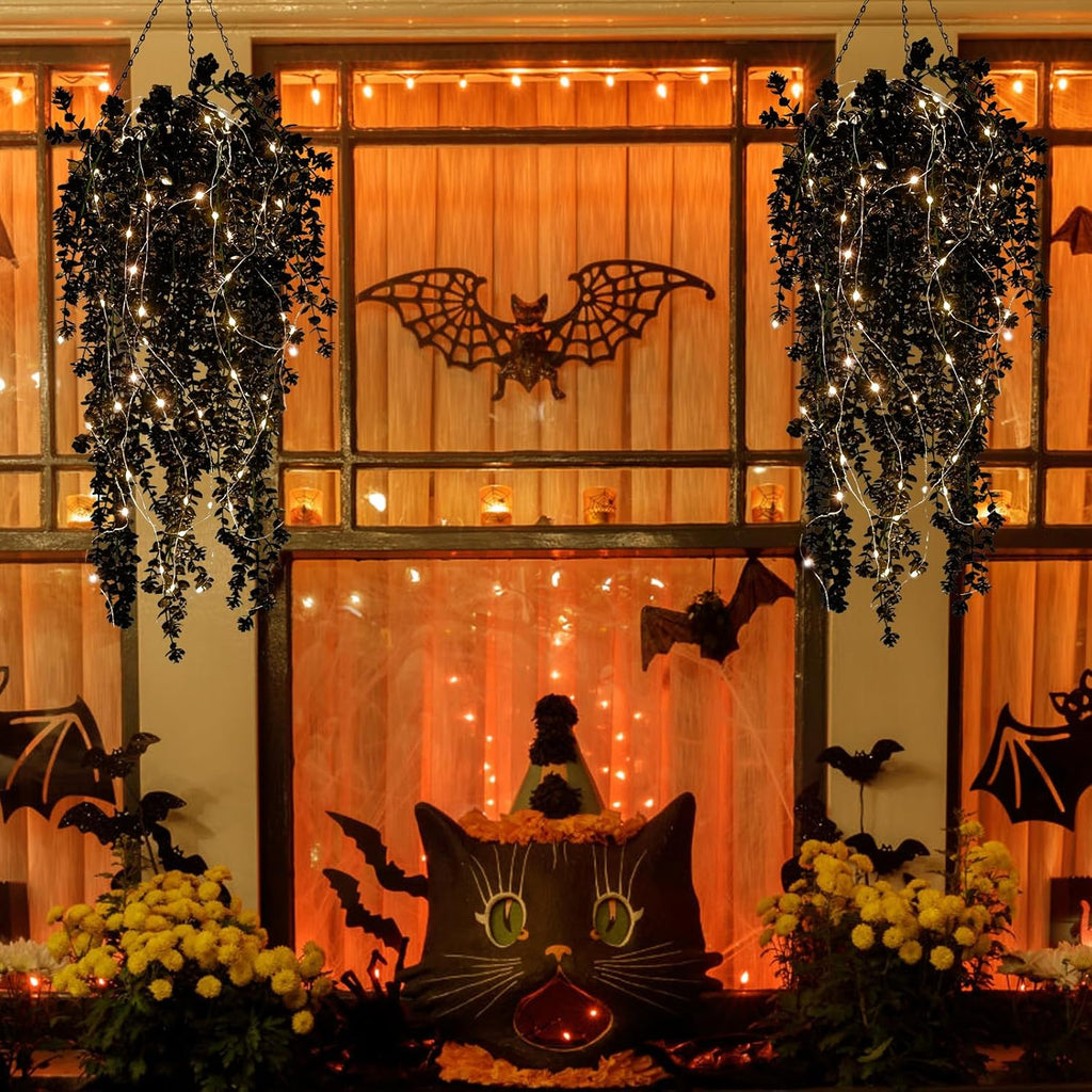Black Hanging Flowers with Lights Faux Hanging Plants Black Artificial Hanging Plant Fake Greenery Faux Hanging Vines Plant for Indoor Outdoor Wedding Halloween Party Fall Wall Room Door Decor(Black)