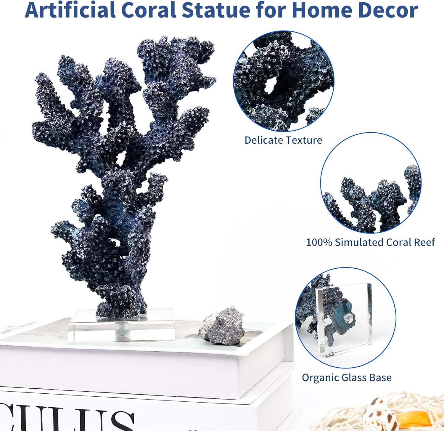 Coral Beach Decor, 9.5'' High x 5.2'' Width Artificial Resin Coral Reef Statue for Ocean Coastal Beach Nautical Themed Room Bathroom Decor for Home,RB1002B,Blue