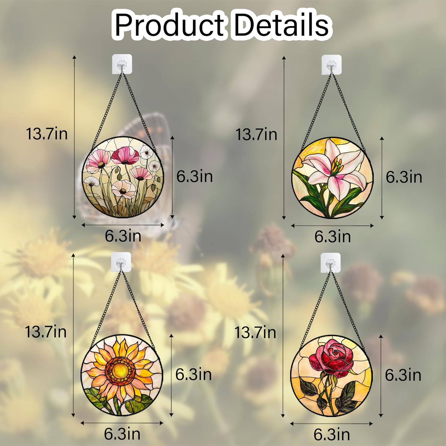 Stained Glass Window Hanging 4 Pcs Set Lily Rose Sunflower Poppy 6.3" - Flower Suncatcher Door Garden Sun Catcher Decor Birthday Mother's Day for Wife Woman Nana Girl