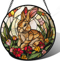 Stained Glass Window Hanging, Cute Bunny Flowers Sun Catcher for Window Door Home Decor, Rabbit Suncatcher Christmas Mother's Day Birthday Gifts for Women Men Mom and Nana 11.8 in