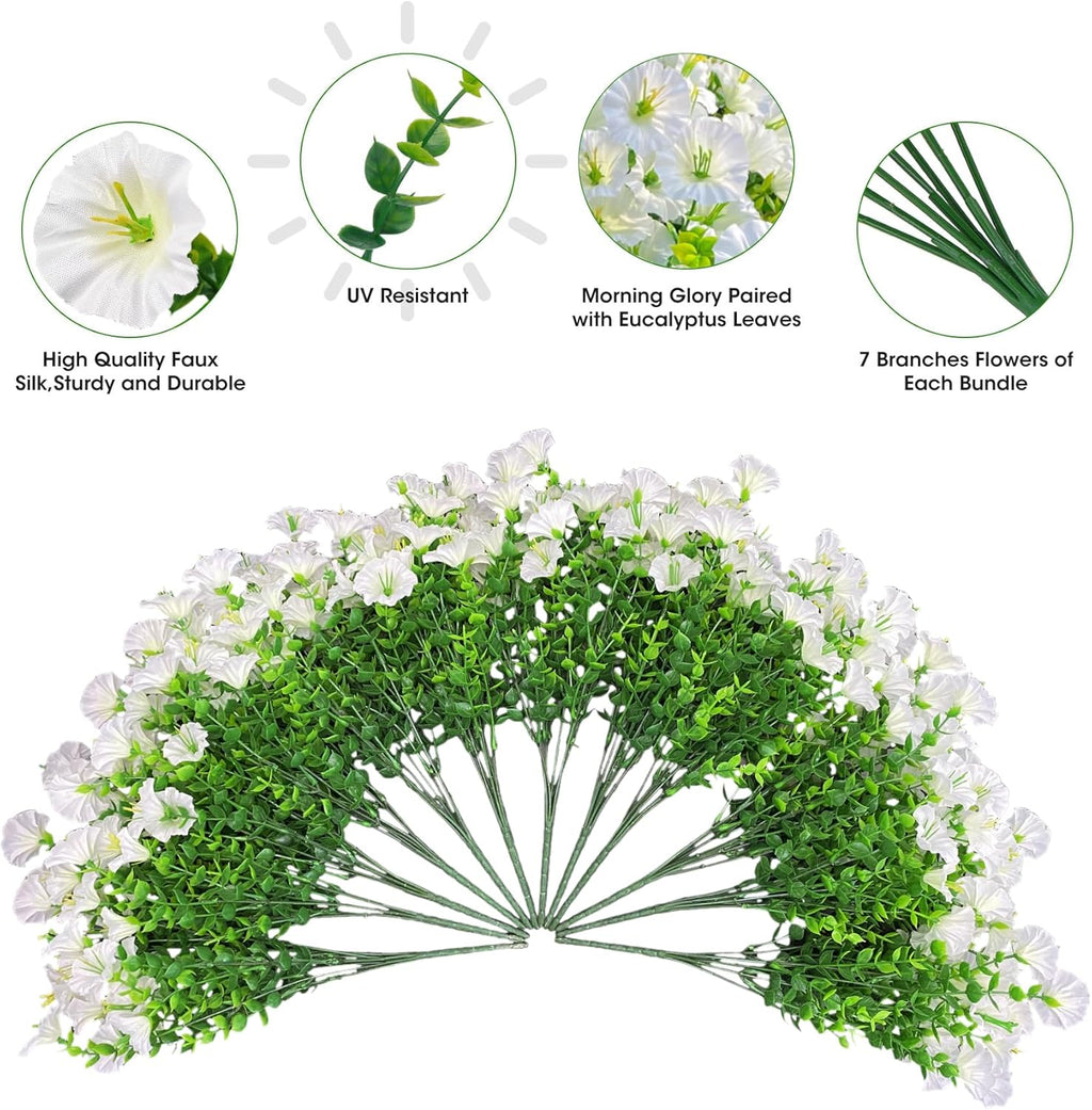 Ouddy Decor 24 Bundles Artificial Flowers for Outdoors Decoration Fake Silk Morning Glory Flowers Faux Eucalyptus Plants UV Resistant for Porch Patio Garden Spring Summer Home Decor, White