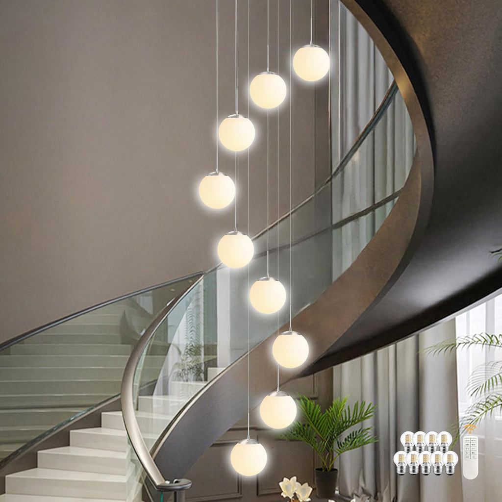 KoKo&Yukina 9-Light Globe Milky White Glass Pendant Light Adjustable Length Pendant Lights Modern Glass Globe Pendant Lights Nickel Chandeliers Large Chandeliers for High Ceiling (Bulb & Remote Incl)