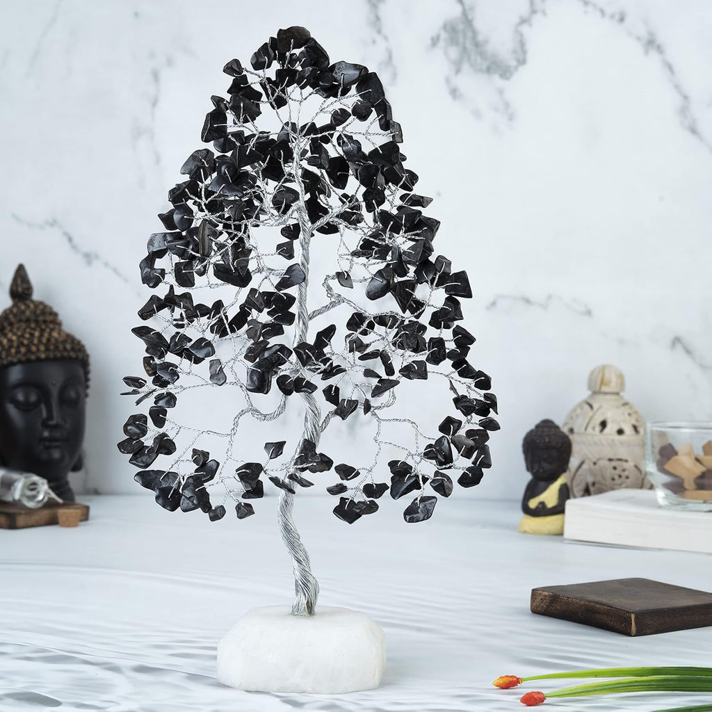 Black Tourmaline Gemstone Tree of Life Quartz Base Chakra Tree for Positive Energy, Handmade Crystal Tree Feng Shui Decor Money Tree Bonsai Good Luck Black Healing Crystals Spiritual Fathers Day Gift