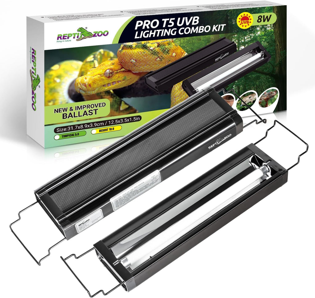 REPTI ZOO UVB Reptile Light, New Version T5 HO UVB Lighting Combo Kit, Reptile Terrarium Hood with 5.0 UVB Tube Bulb, Reptile Light Fixture 8W-12Inch