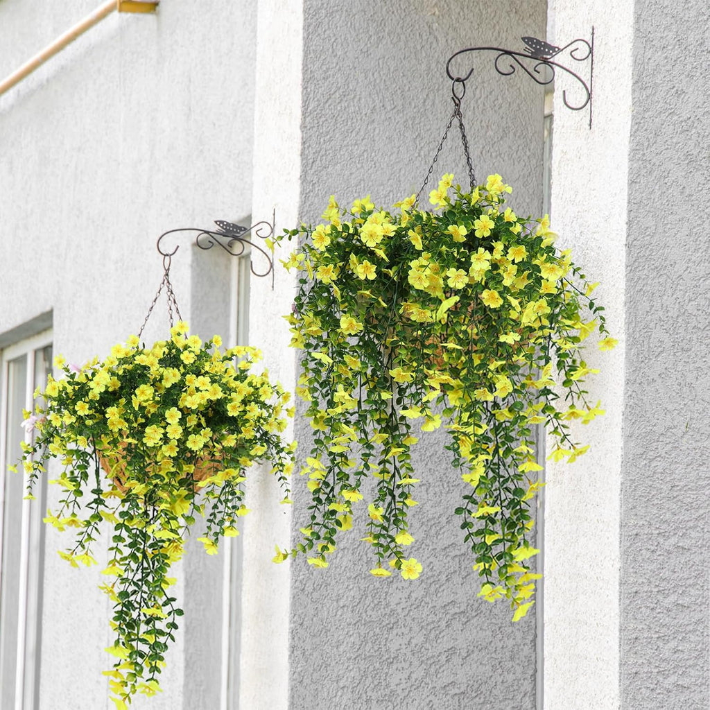 RECUTMS Artificial Hanging Flowers for Outdoors 4 Pcs Fake Mums Plant Decor Realistic Real Touch Silk Flower UV Resistant Trailing Vine Look Real for Yard Porch Patio Garden Balcony (Yellow)