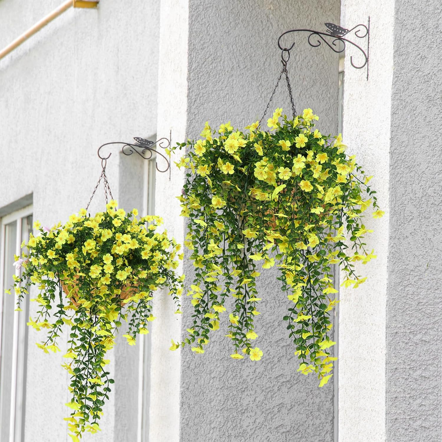 RECUTMS Artificial Hanging Flowers for Outdoors 4 Pcs Fake Mums Plant Decor Realistic Real Touch Silk Flower UV Resistant Trailing Vine Look Real for Yard Porch Patio Garden Balcony (Yellow)