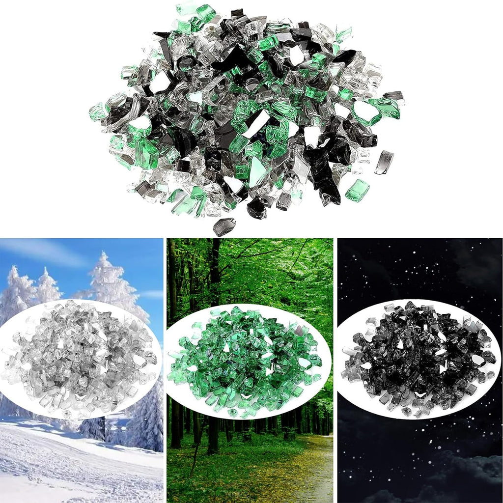 Onlyfire 10 Pounds Blended Reflective Fire Glass for Fire Pit Fireplace and Landscaping, 1/4 Inch Mixed Colored High Luster Fireglass Rocks for Outdoor ＆ Indoor - Onyx Black+Platinum+ Light Green