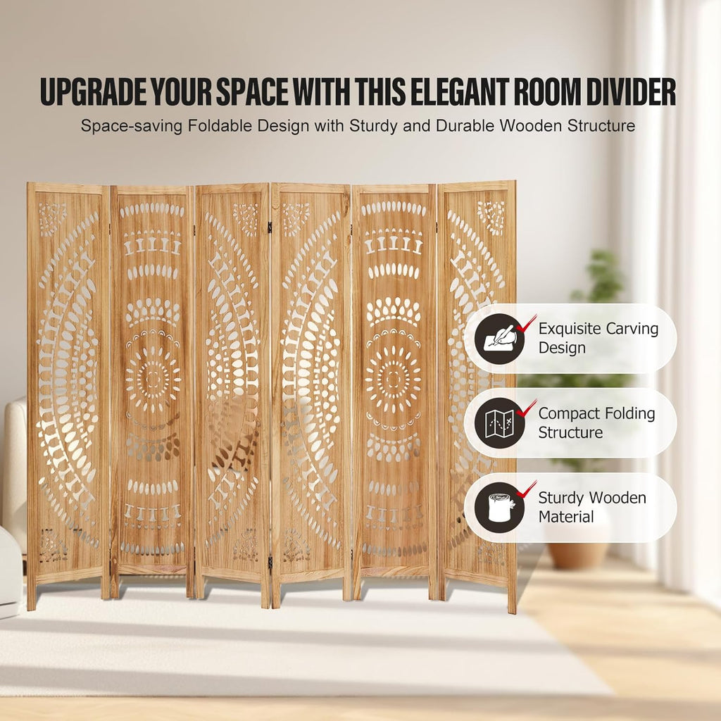 6 Panel Wood Room Divider Fully Assembled, Decorative Room Dividers and Folding Screens, 5.6Ft Room Divider Screen Freestanding Partition Wall Dividers for Home Bedroom Office, Light Brown