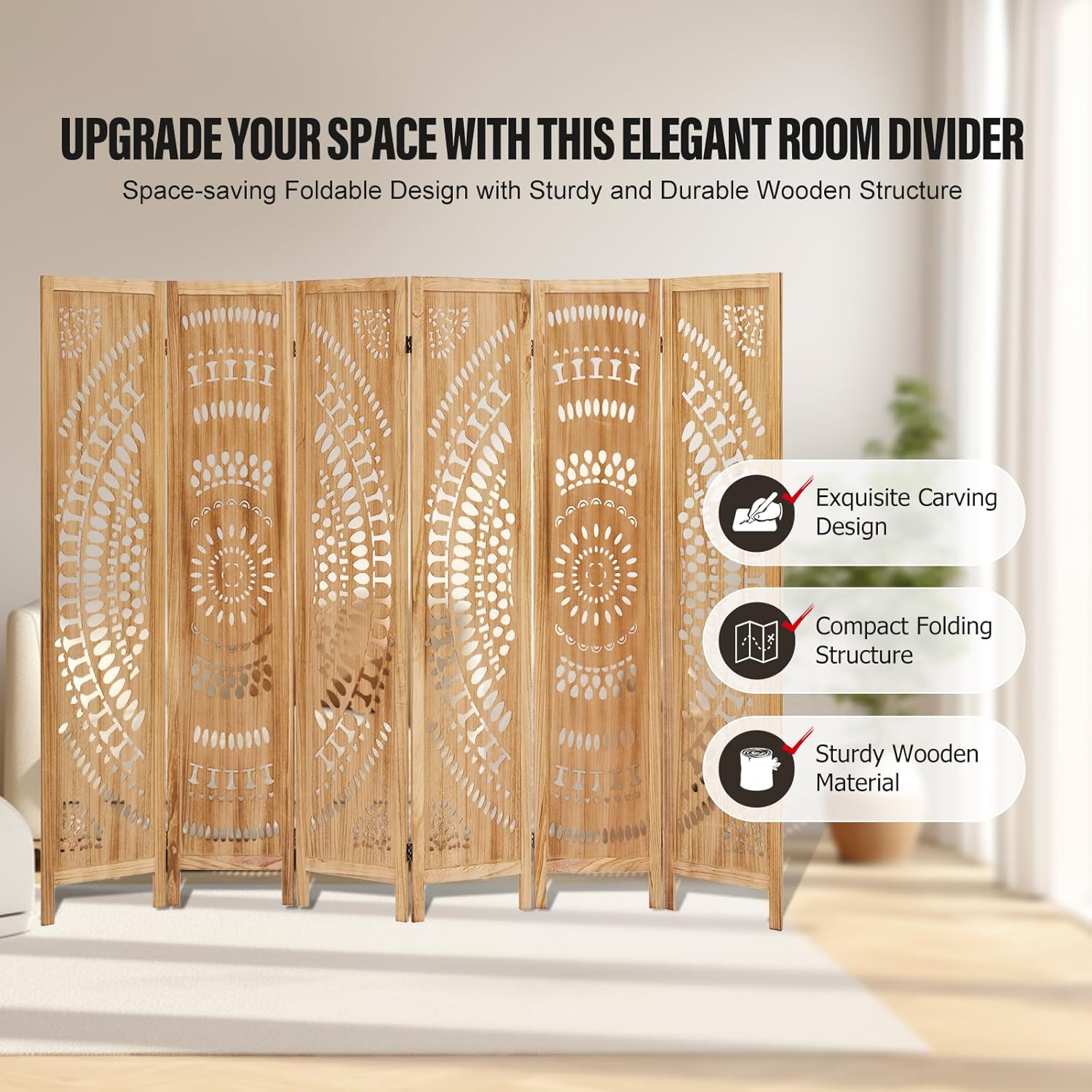 6 Panel Wood Room Divider Fully Assembled, Decorative Room Dividers and Folding Screens, 5.6Ft Room Divider Screen Freestanding Partition Wall Dividers for Home Bedroom Office, Light Brown