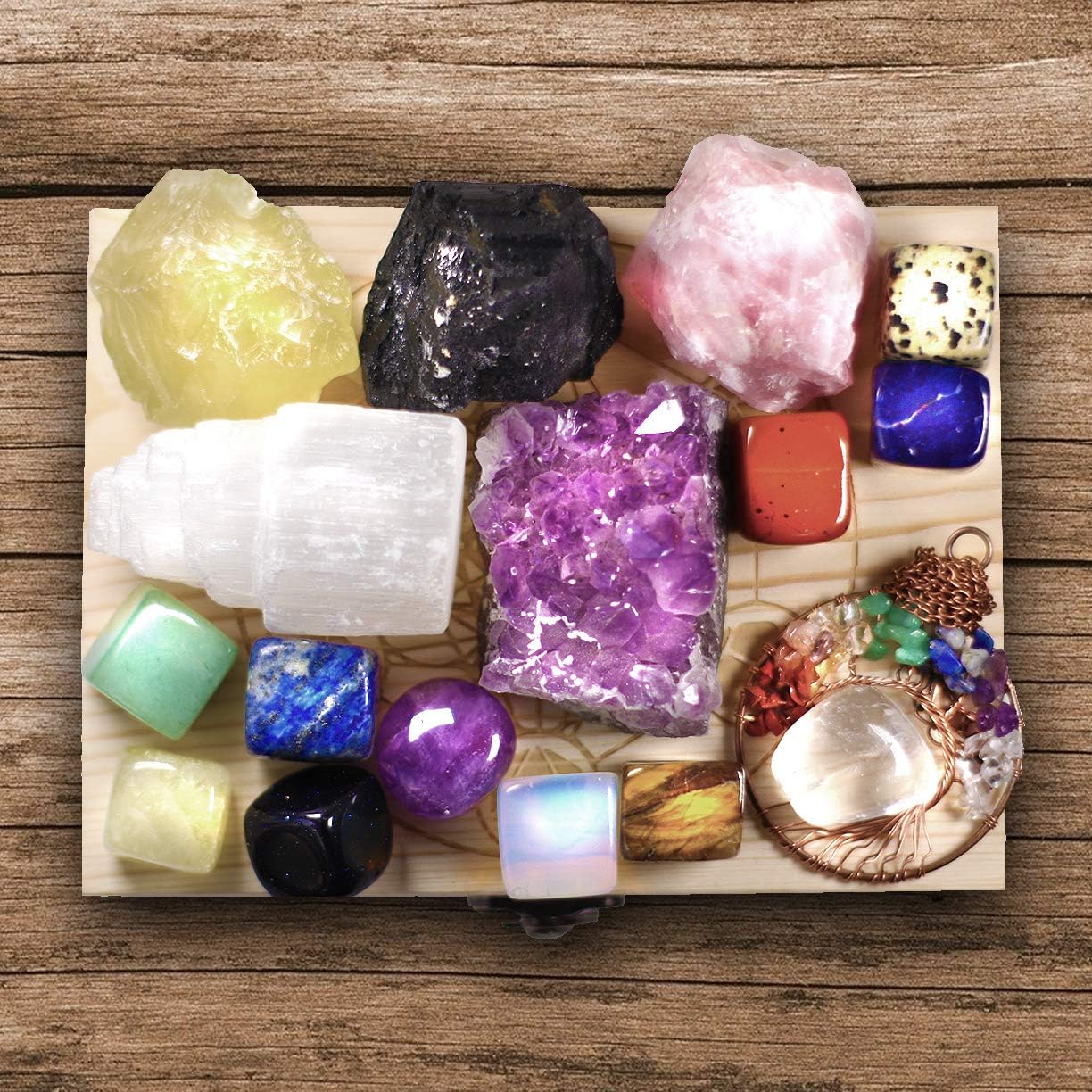 AtPerry's 16 LARGE Natural Healing Crystals Set in Wooden Box - Tumbled, Rough & Raw Crystals, Including Selenite Tower, Black Tourmaline, Amethyst, Rose Quartz, Lapiz Lazuli, Citrine & Tiger's Eye
