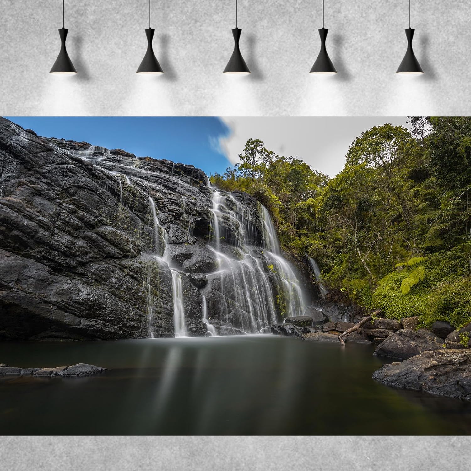 Waterfall Aquarium Background Jungle Rainforest Natural Landscape Terrarium Background Tranquil Lake with Blue Sky Fish Tank Background Falls Aquarium Backdrop Wallpaper Poster Vinyl 72x24in