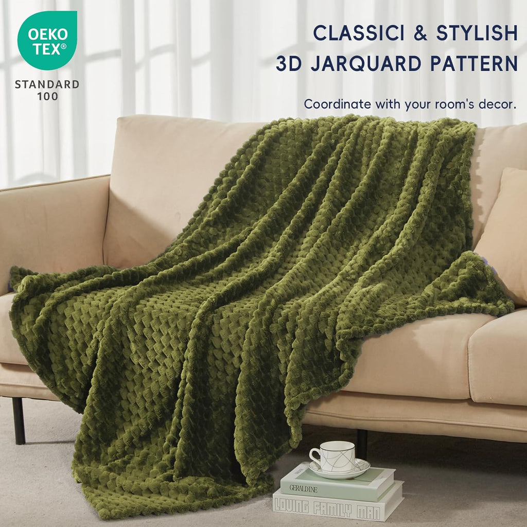 PHF Ultra Soft Flannel Fleece Throw Blanket, Lightweight 3D Jacquard Fleece Blanket, No Shedding, No Pilling, Luxury 340GSM Aesthetic Fluffy Cozy Throws for Couch Room Decor, 50"x60", Olive Green