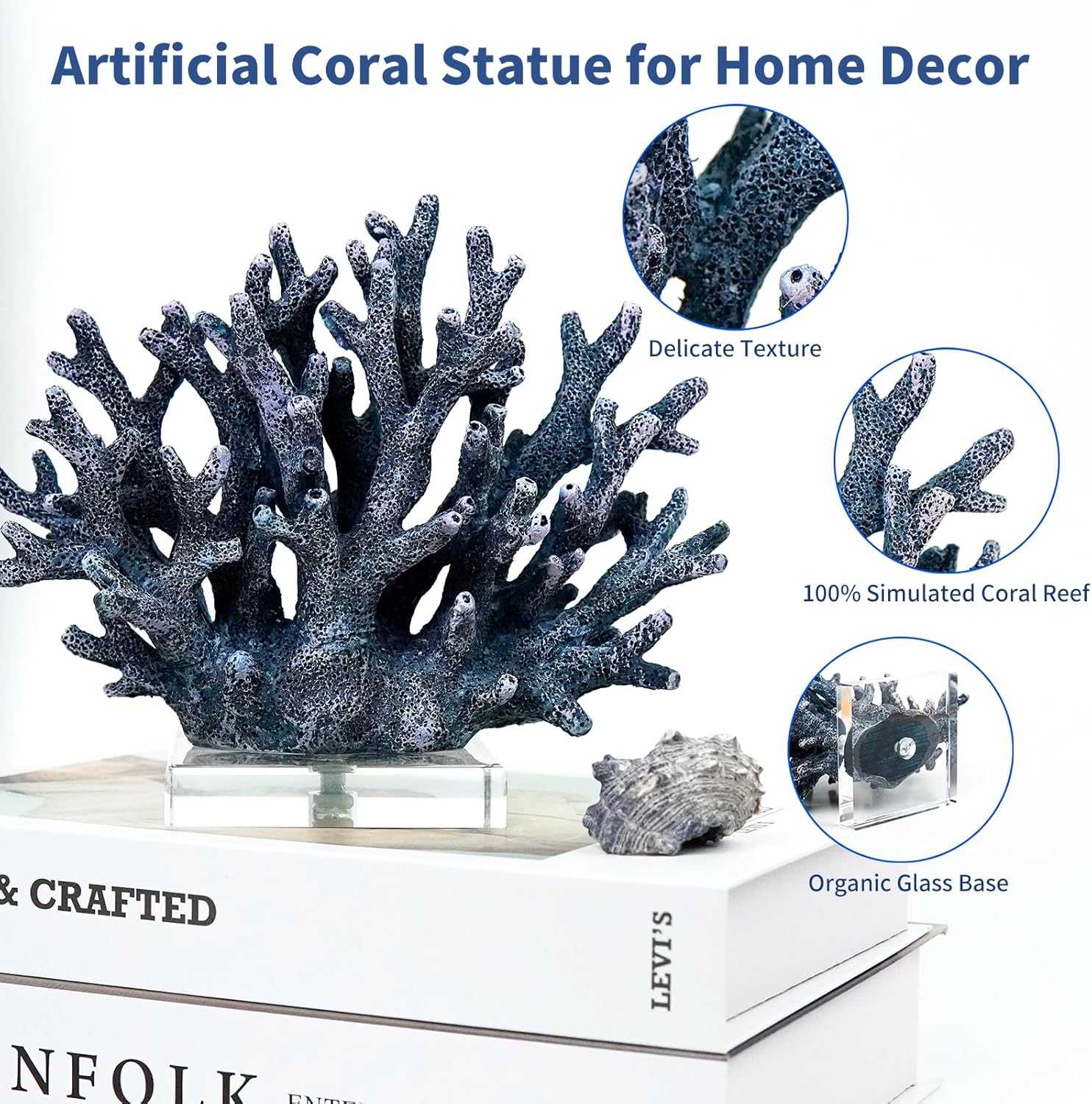 Coral Reef Beach Decor,6.3'' High x 7.5'' Width Artificial Resin Coral Reef Statue for Ocean Coastal Beach Nautical Themed Room Bathroom Decor for Home,RB1001B,Blue