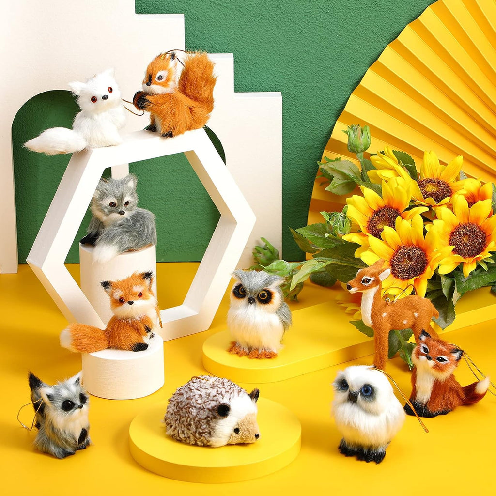 Skylety 10 Pieces Forest Animals Ornaments Woodland Animal Faux Fur Plush Hanging Ornaments Family Educational Playset for Fall, Christmas, Winter Birthday Party Supplies(Animals)