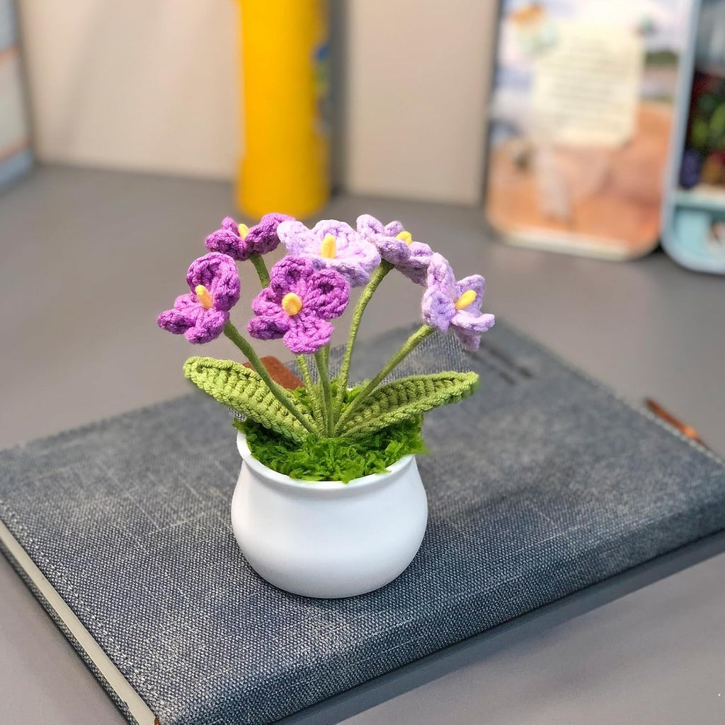 Crochet Flowers Cute Little Potted Flower, Gift for Birthday, Teacher’s Day, Graduation, Anniversary, Christmas, Decor for Car Dashboard,Home Office Decoration (Purple Gradient Myosotis)