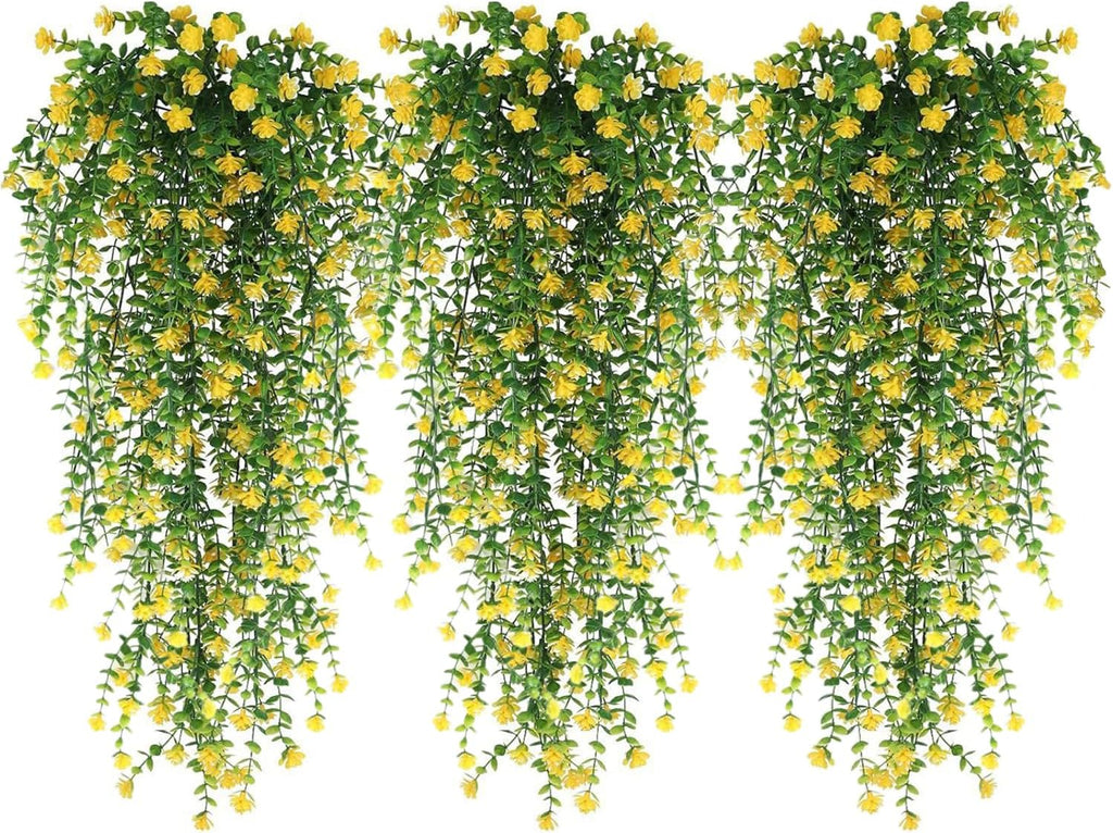 WEISPARK Artificial Hanging Flowers, 9pcs Fake Eucalyptus Vine Faux Flower Greenery Garland Plastic Plants for Indoor Outdoor Wall Garden Wedding Home Party Decor (9pcs Yellow)