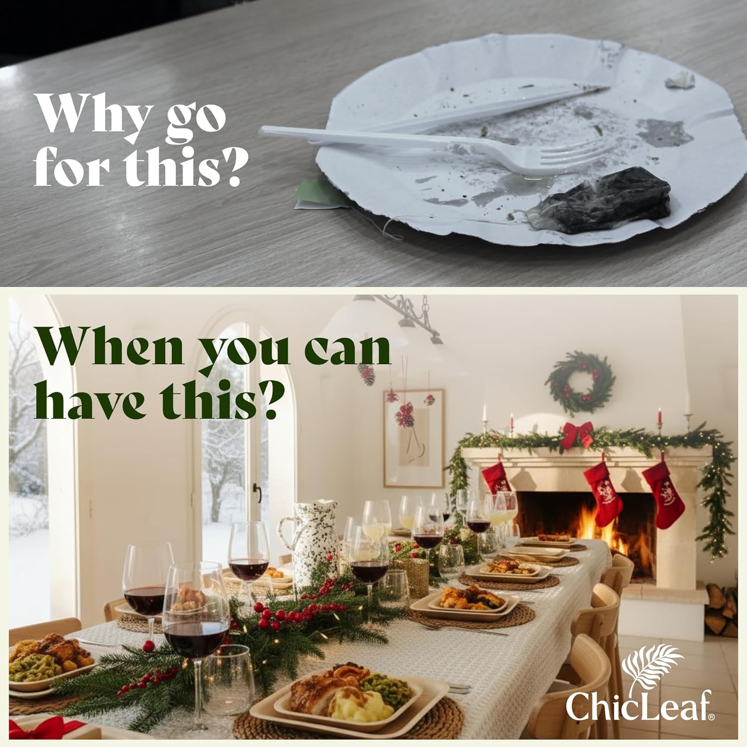 Chic Leaf Disposable Palm Leaf Plates - 50 Count, 8" Square, Christmas Meal - Bamboo Plates, Biodegradable & Compostable - Microwave Safe & Heavy Duty - Event & Party Supplies - Wedding Decor