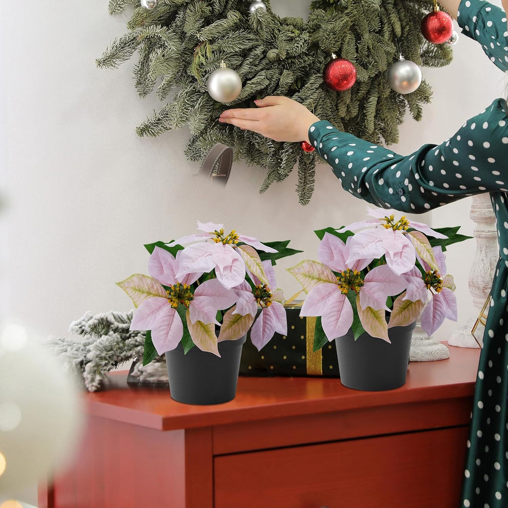 2 Pack Poinsettias Artificial Christmas Flowers Small Pink Poinsettia Plant Artificial 9 Inch Faux Winter Flowers for Porch Home Garden Decorations Indoor Outdoor Xmas Ornament