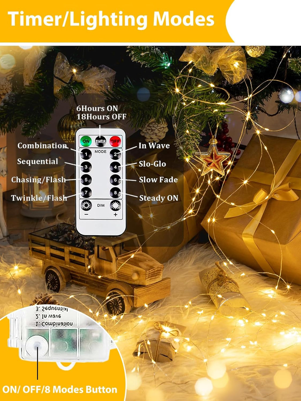 2 Pack 100LED Christmas Battery Operated Fairy Lights with Remote, 8 Modes String Lights with Timer, Dimmable, Memory Function, Waterproof Twinkle Lights for Outdoor Indoor Christmas Decor(Warm White)