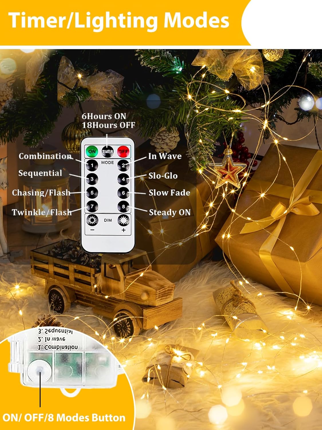 2 Pack 100LED Christmas Battery Operated Fairy Lights with Remote, 8 Modes String Lights with Timer, Dimmable, Memory Function, Waterproof Twinkle Lights for Outdoor Indoor Christmas Decor(Warm White)