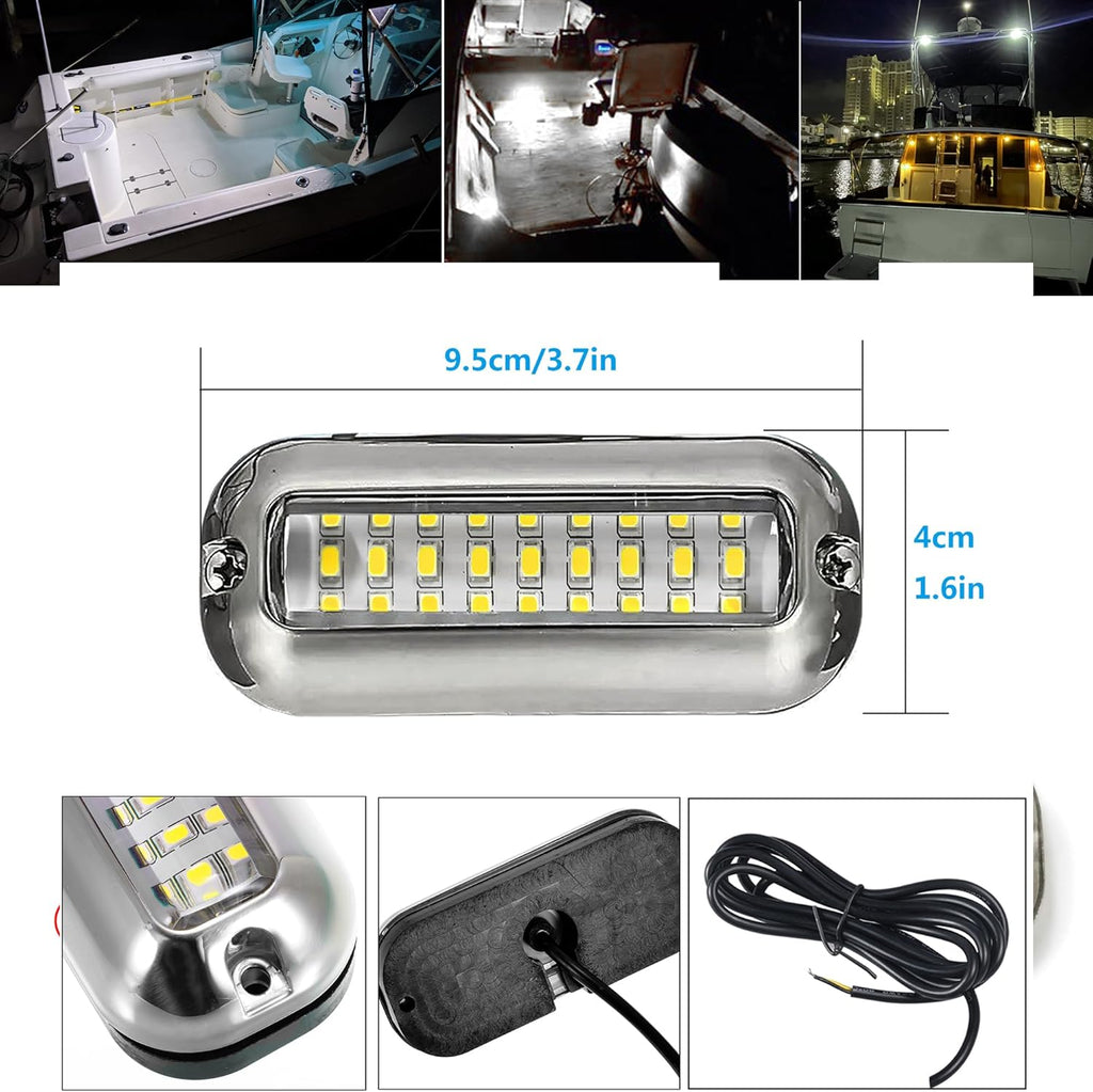 2Pcs White Marine Boat LED Lights,27 LEDs Waterproof IP68 Stainless Steel Boat Deck Dock Pontoon Transom Yacht Trailer Stern Navigation Interior Lights,1200LM