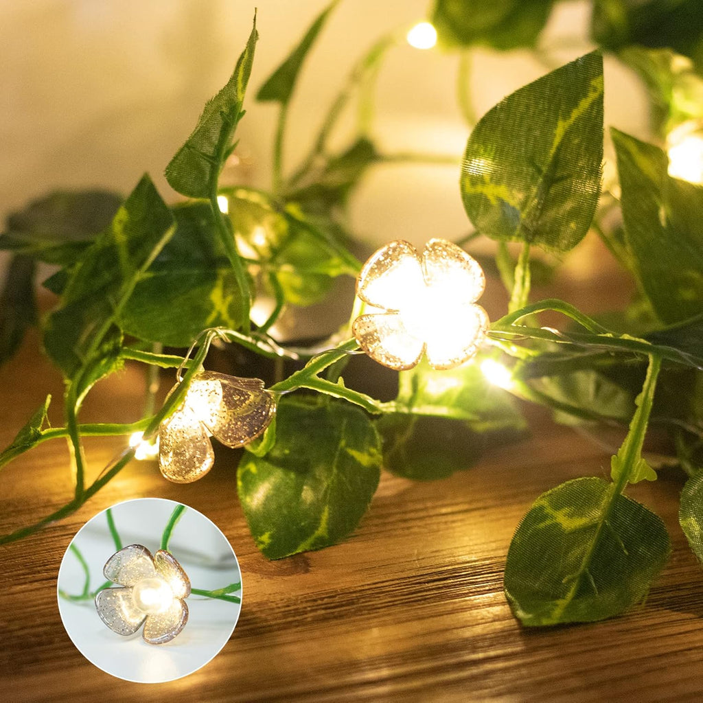 Vigdur 2 Packs Vine String Lights - Tiny Leaf Ivy String Lights with 48 Flower Lights Battery Powered Waterproof Fairy Light Indoor Outdoor for Bedroom Party Garden Wall Décor St. Patrick's Day