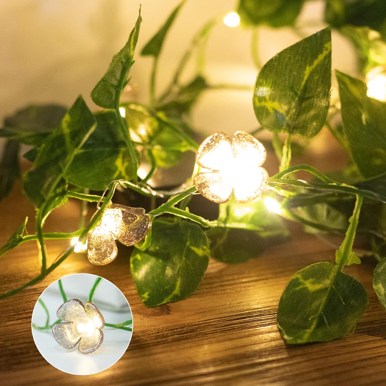 Vigdur 2 Packs Vine String Lights - Tiny Leaf Ivy String Lights with 48 Flower Lights Battery Powered Waterproof Fairy Light Indoor Outdoor for Bedroom Party Garden Wall Décor St. Patrick's Day